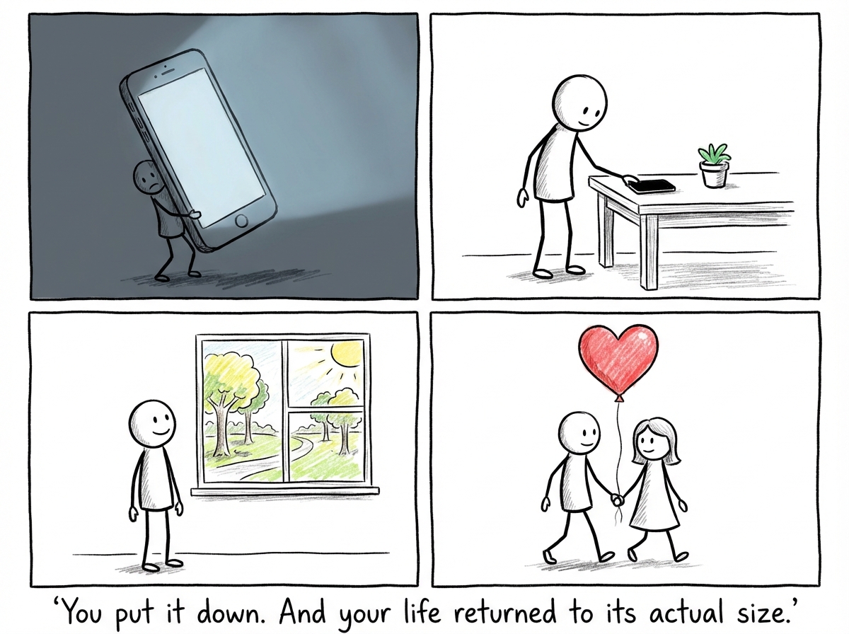 The stick figure puts the phone face-down on the table. Immediately, the apartment expands back to its original size. The couch is comfortable again. The cat is normal-sized. The figure takes a deep breath and looks around as if seeing it clearly for the first time.