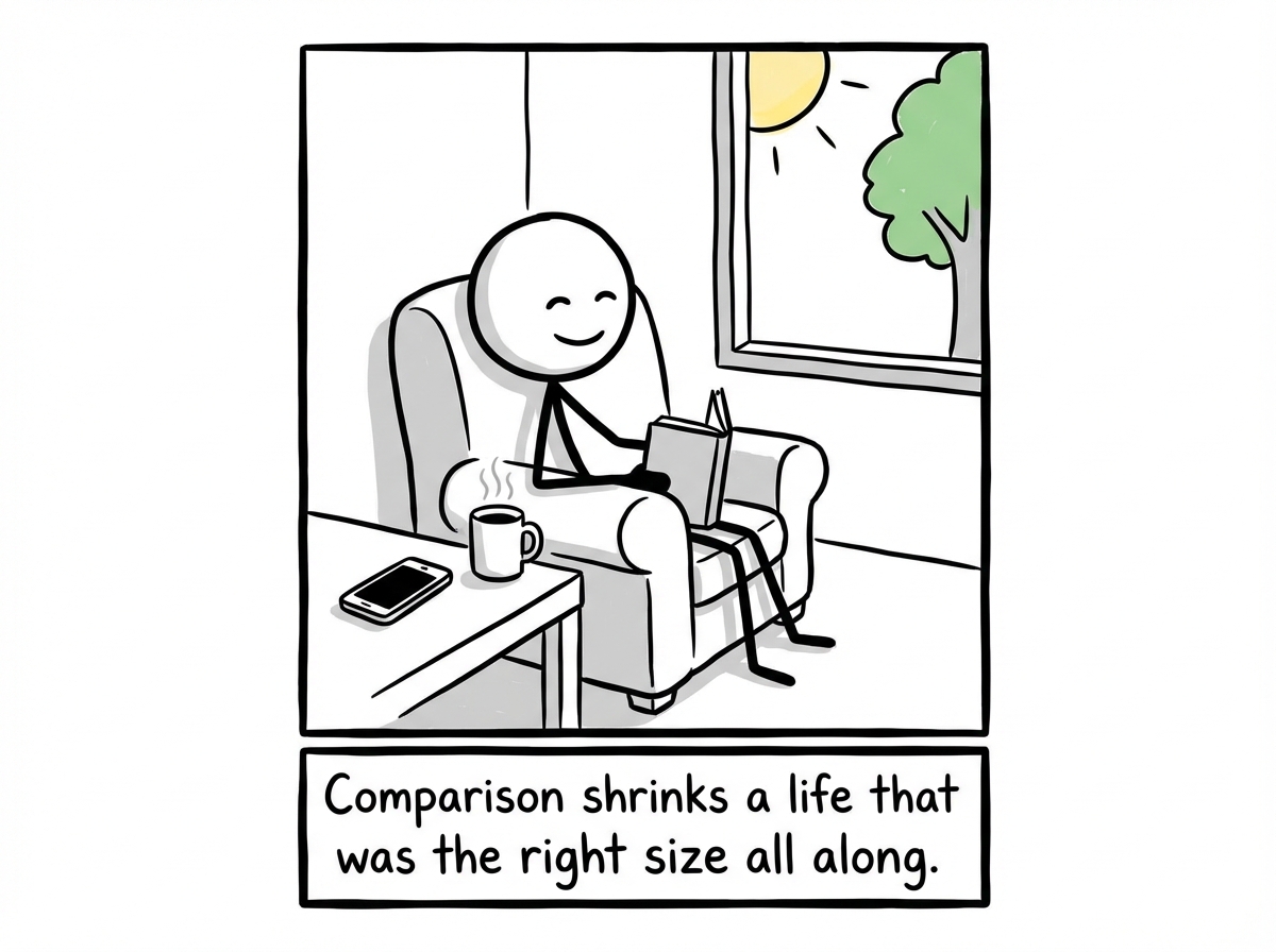 A stick figure mid-scroll, noticing their surroundings shrinking, and pressing pause with a speech bubble reading 'Wait -- my life was fine ten minutes ago. What changed?'