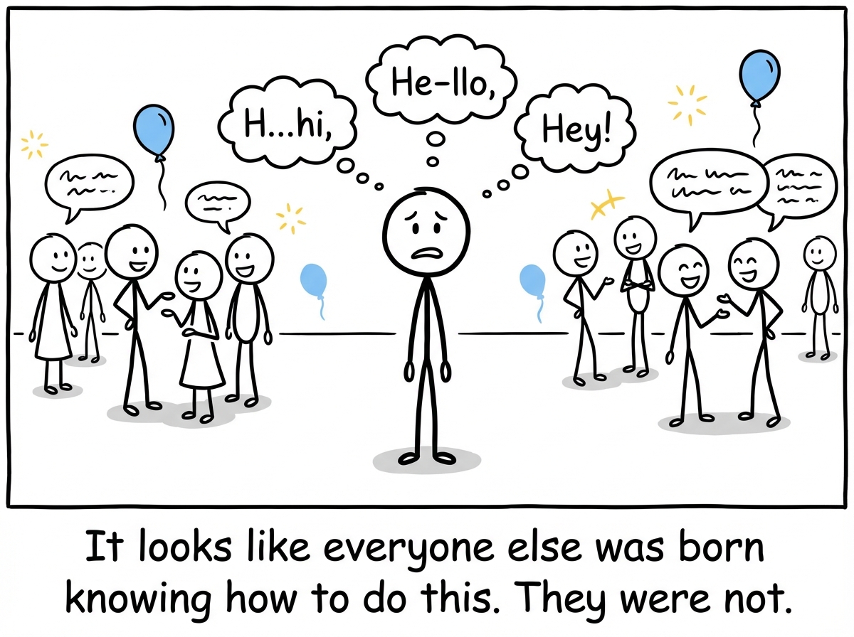 A stick figure at a party mentally rehearsing three versions of 'hello' while everyone else seems to be talking effortlessly