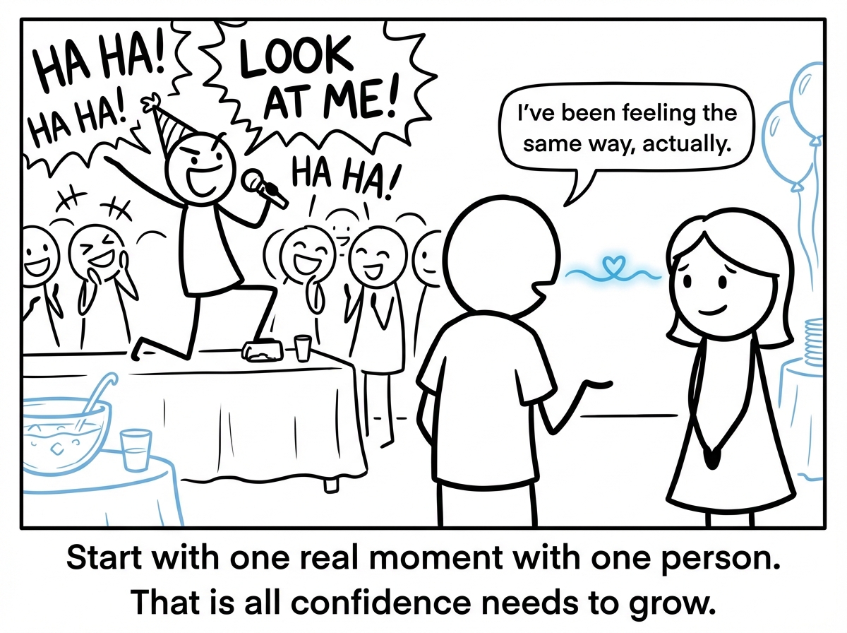 The stick figure saying one genuine thing to one person instead of performing for the whole room