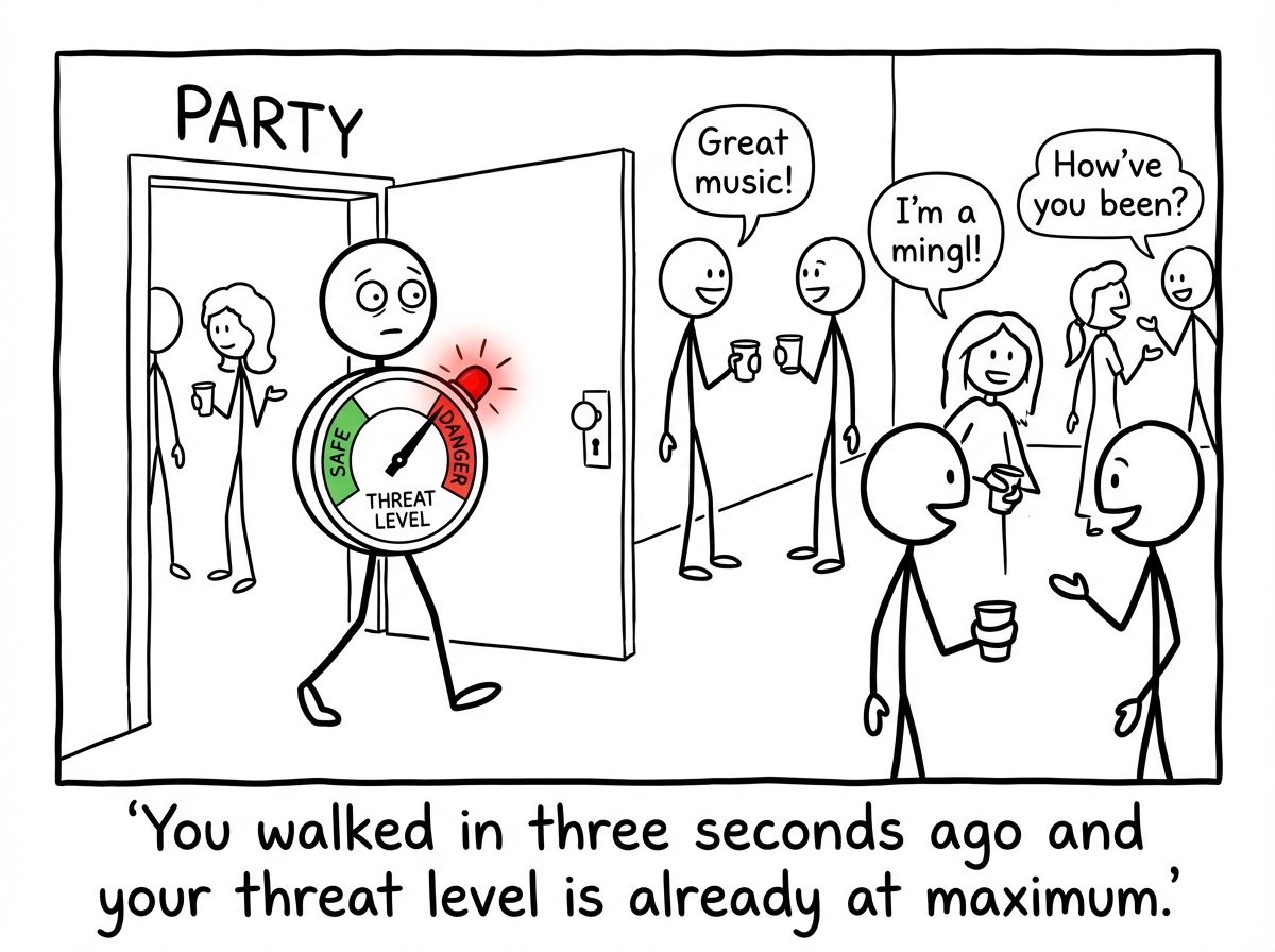 A stick figure walking through a door into a party. On their chest is a thermostat gauge that immediately shoots from green to red. Everyone else is chatting normally.