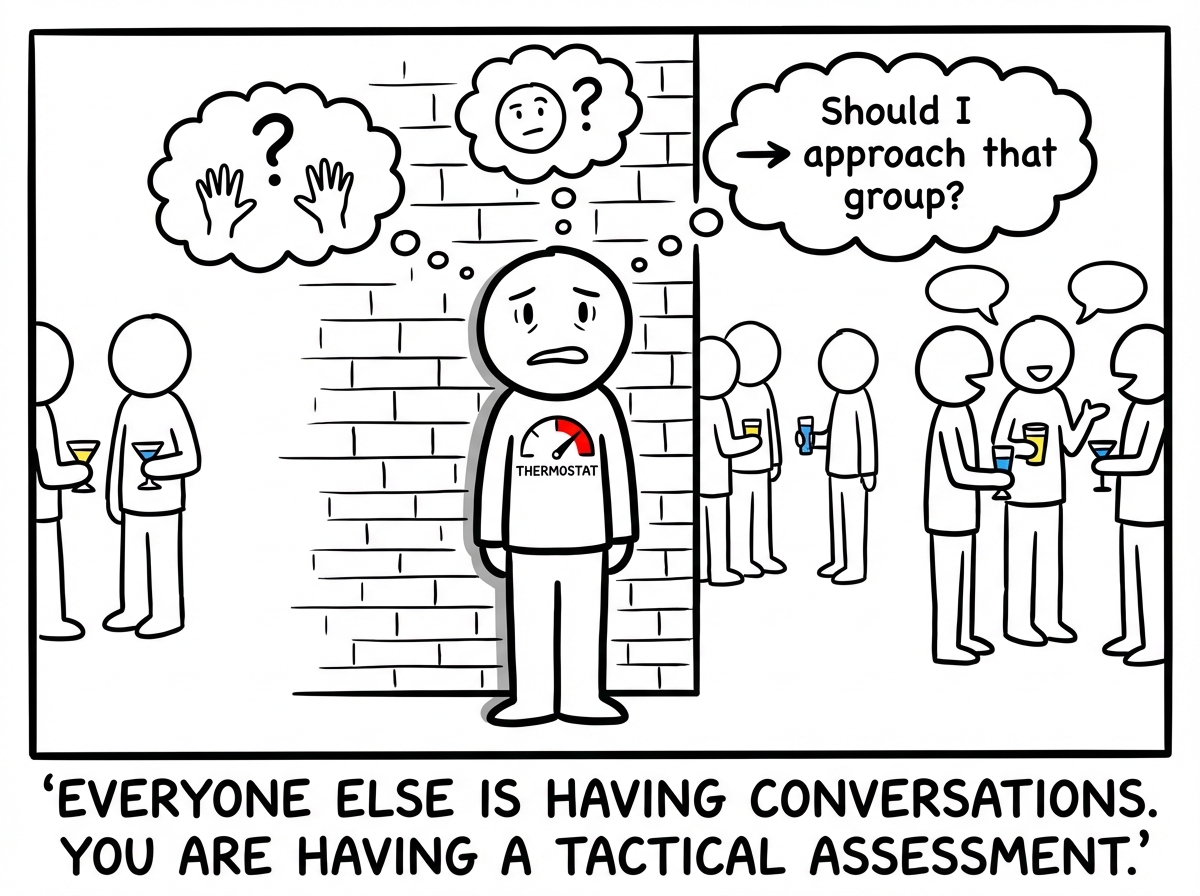 The stick figure standing against a wall, running internal calculations: 'Where do I put my hands? Is my face doing the right thing? Should I approach that group? What if they do not want me there?' The thermostat is in the red.