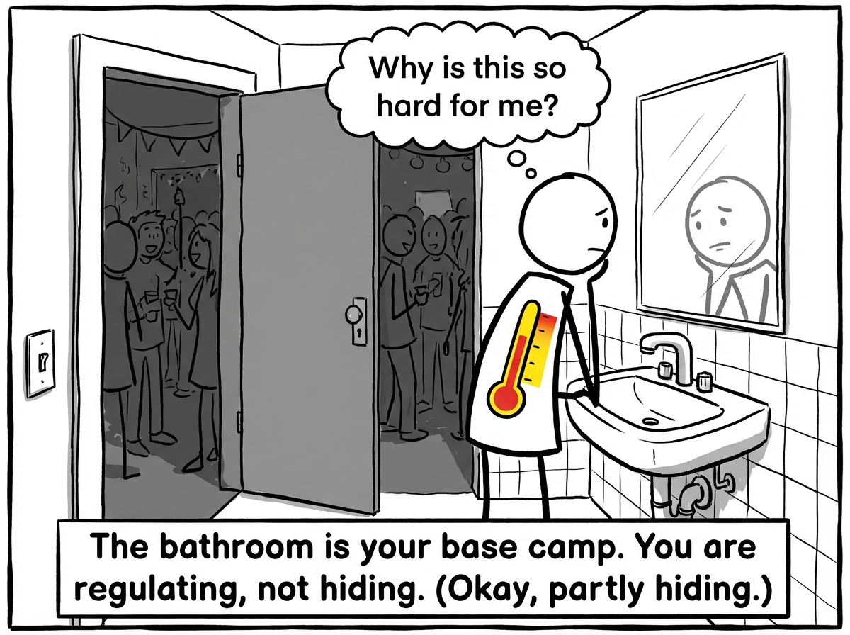 The stick figure retreating to the bathroom to cool down, looking in the mirror. The thermostat slowly drops to yellow. Thought bubble: 'Why is this so hard for me?'