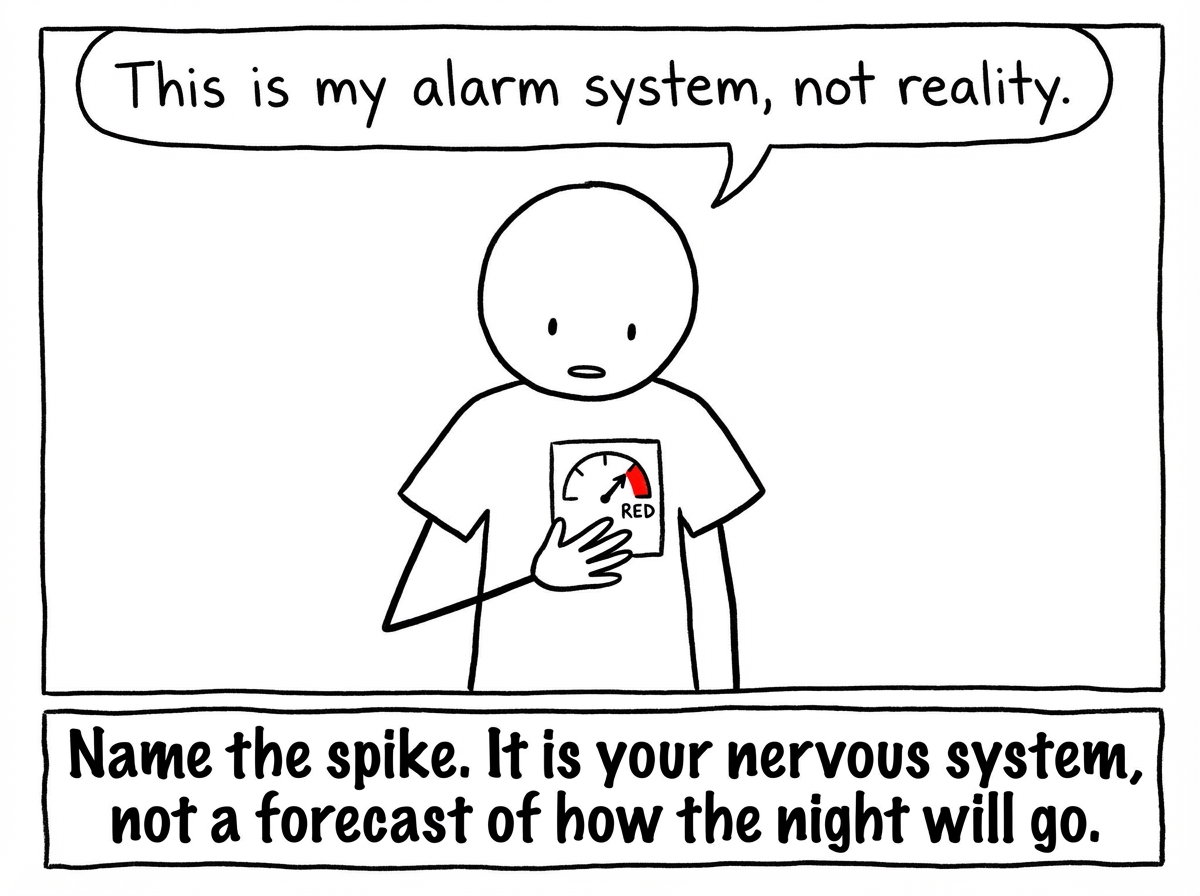 A stick figure noticing their thermostat spiking and saying 'This is my alarm system, not reality' -- gently placing a hand on it