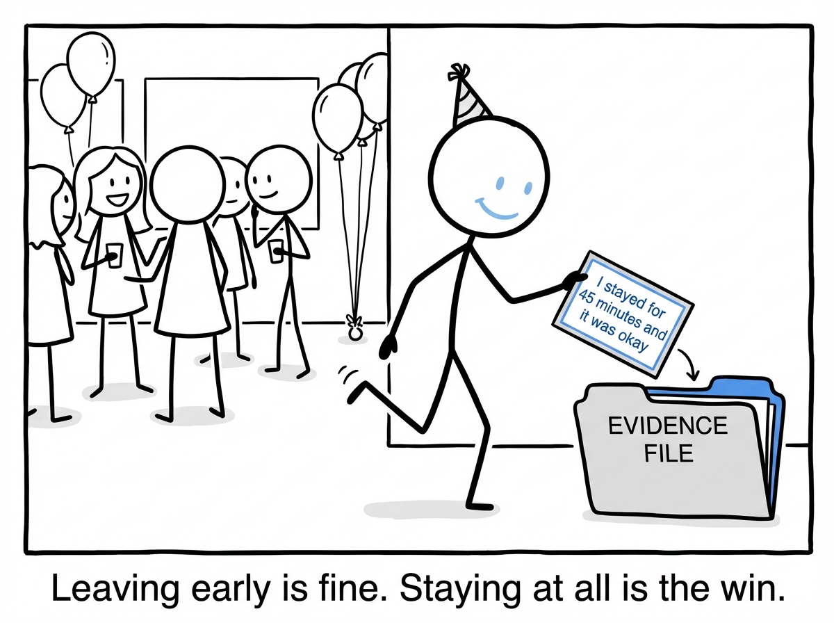 The stick figure leaving early but noting: 'I stayed for 45 minutes and it was okay' -- adding it to their evidence file