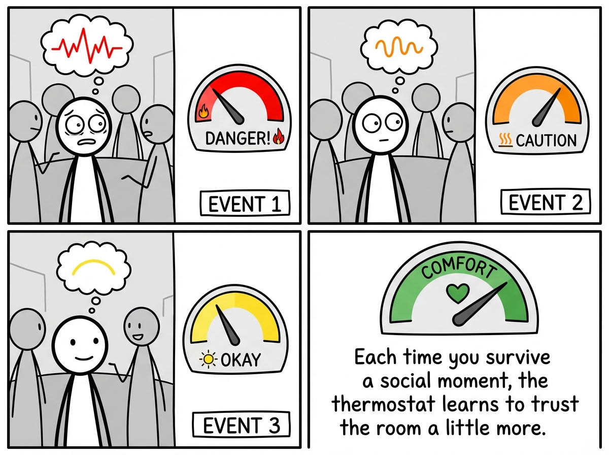 The thermostat over time: at first spiking to red immediately, then over several events only reaching orange, then yellow