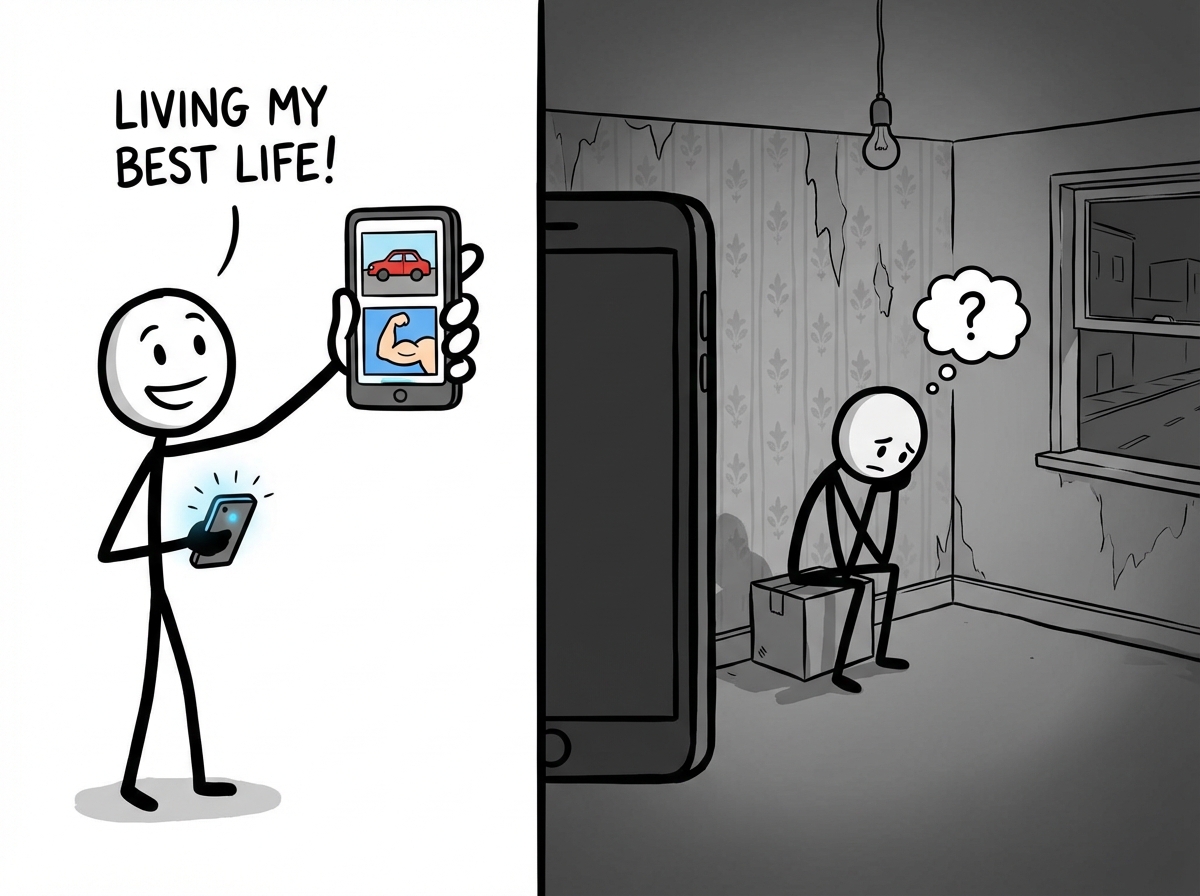 A stick figure man posting a photo of a luxury car and a gym selfie, while behind the phone his apartment is empty and dark and he is sitting alone