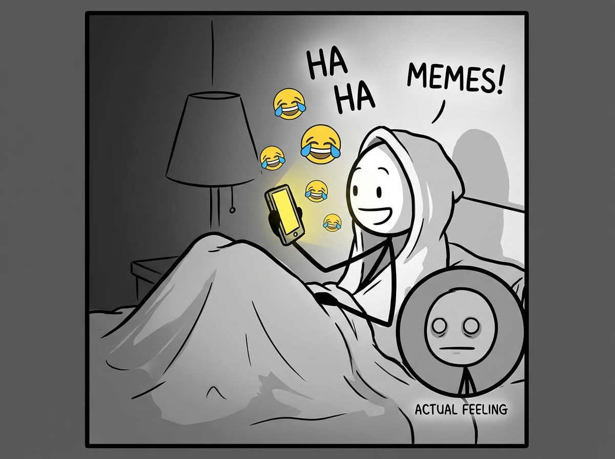 A stick figure man laughing at memes on his phone late at night, surrounded by laugh-cry emojis, but his actual expression underneath is hollow and tired