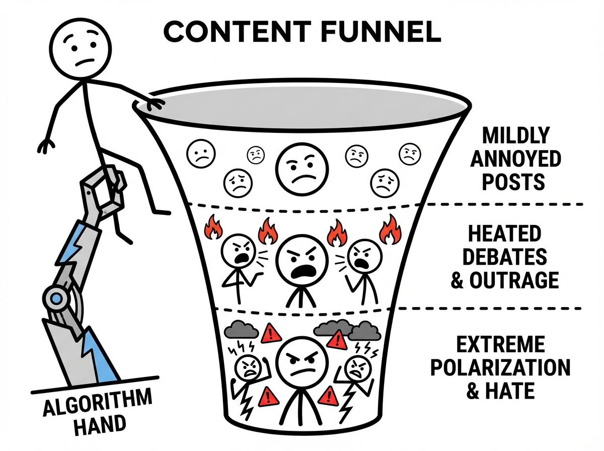 A stick figure man being pulled down a funnel by an algorithm hand, each level showing increasingly angry and extreme content, the man's expression hardening with each step