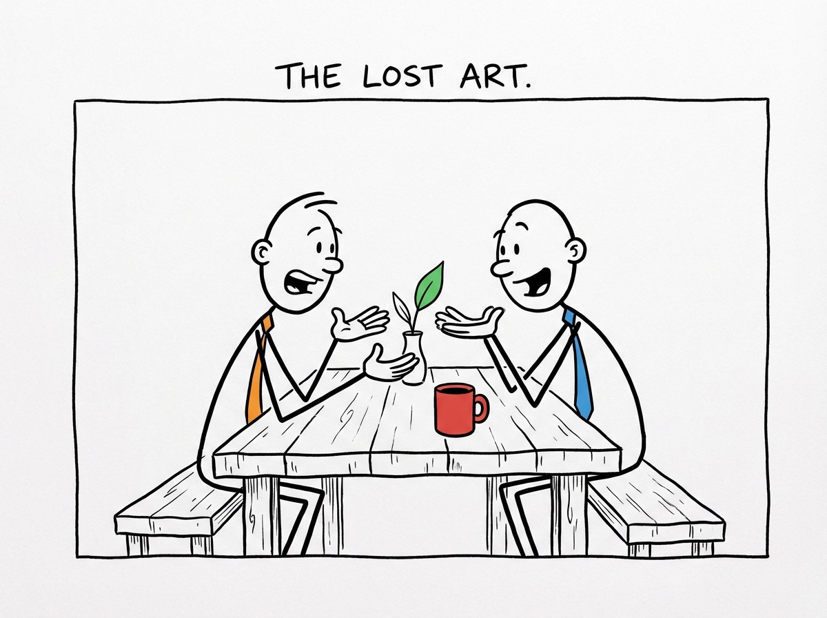 A stick figure man sitting across from another man at a table, both leaning in and talking honestly, phones nowhere in sight