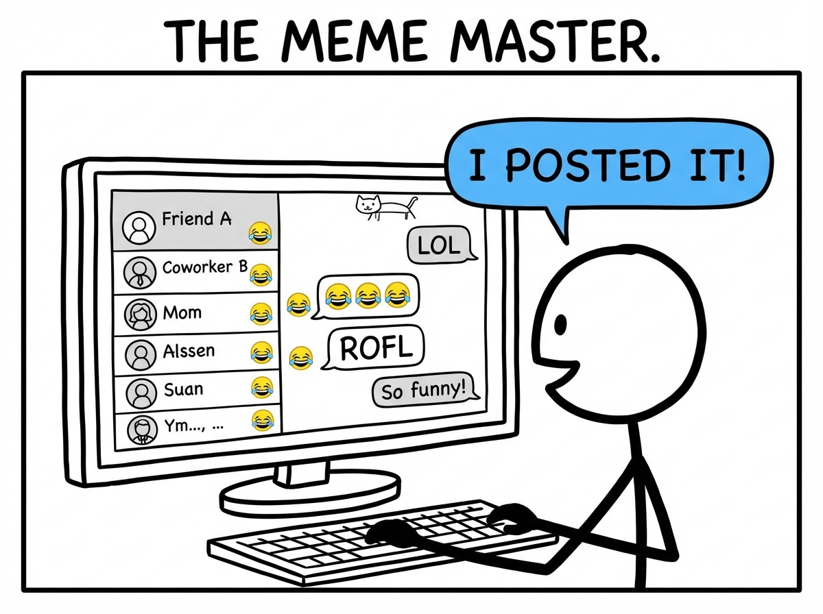 A man stick figure posting a funny meme in a group chat, laughing emojis and 'lol' replies flooding in from multiple contacts