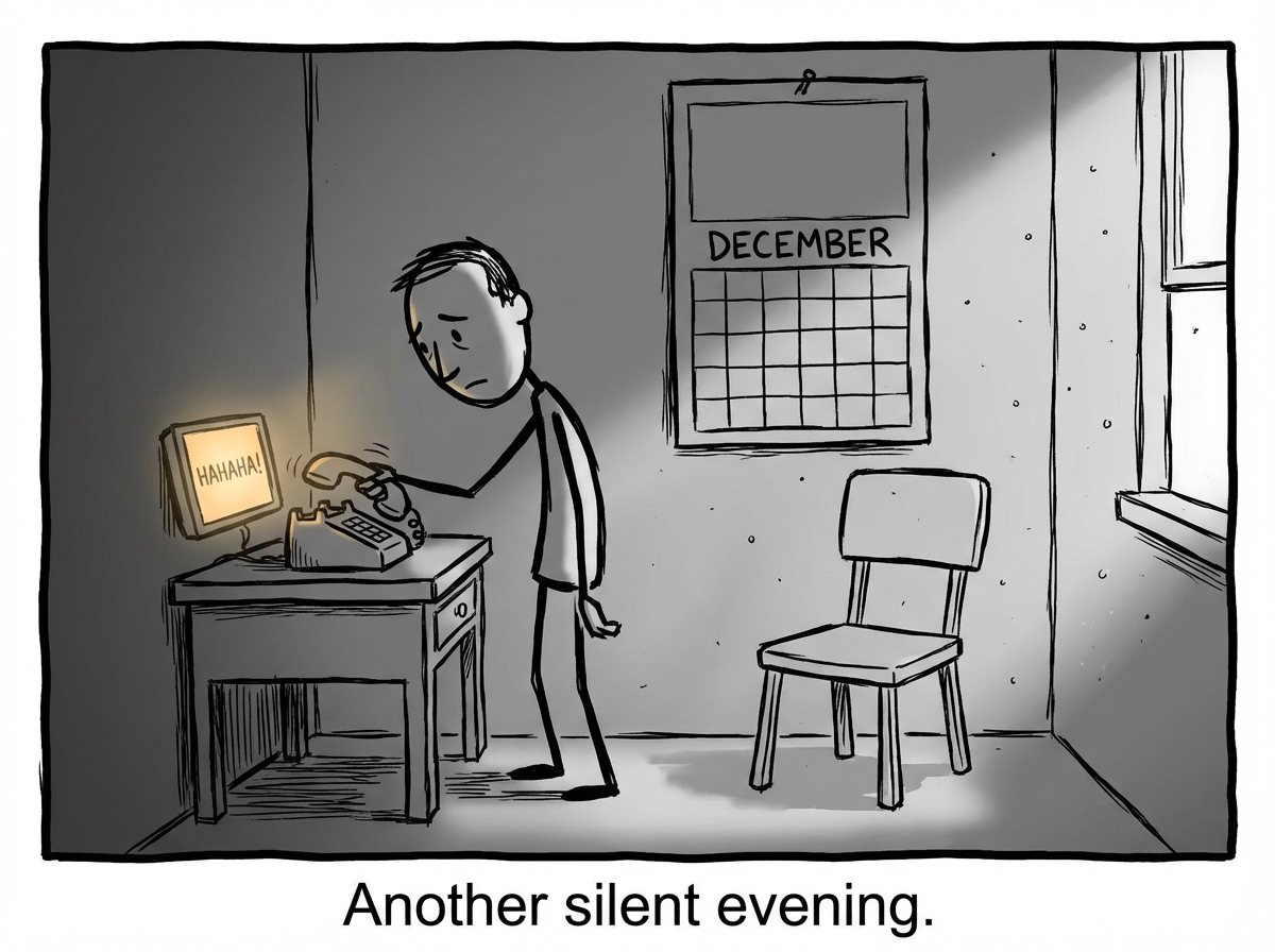 The man putting the phone down in an empty room -- no plans on the calendar, no one to call, the laughter from the chat still glowing on the screen but the room completely silent