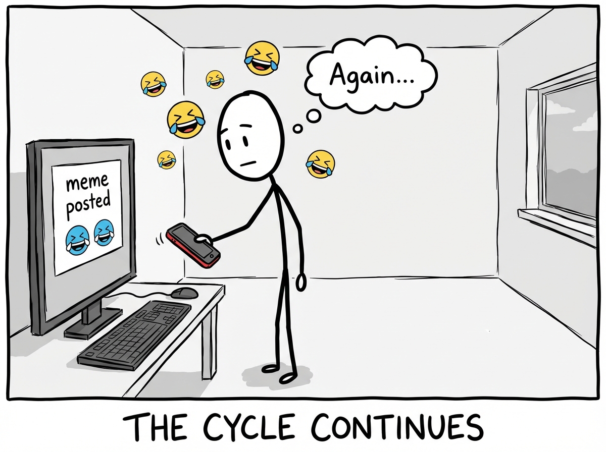 The man picking up the phone again and posting another meme, more laughing emojis appearing, but the room behind him is still empty -- the cycle repeating