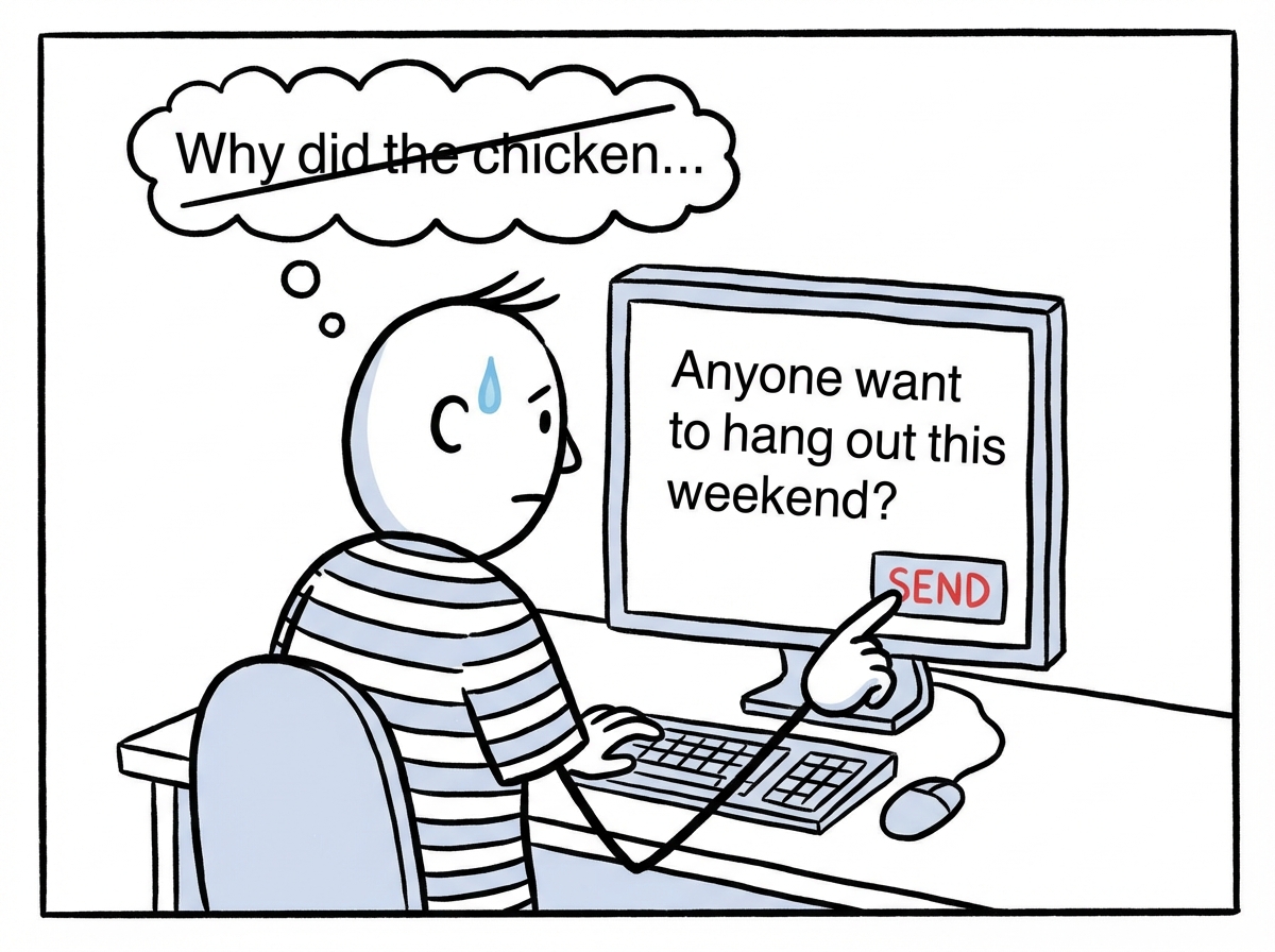 The man staring at the keyboard, deleting a half-typed joke, and instead typing 'Anyone want to hang out this weekend?' -- his finger hovering over send, sweat on his forehead