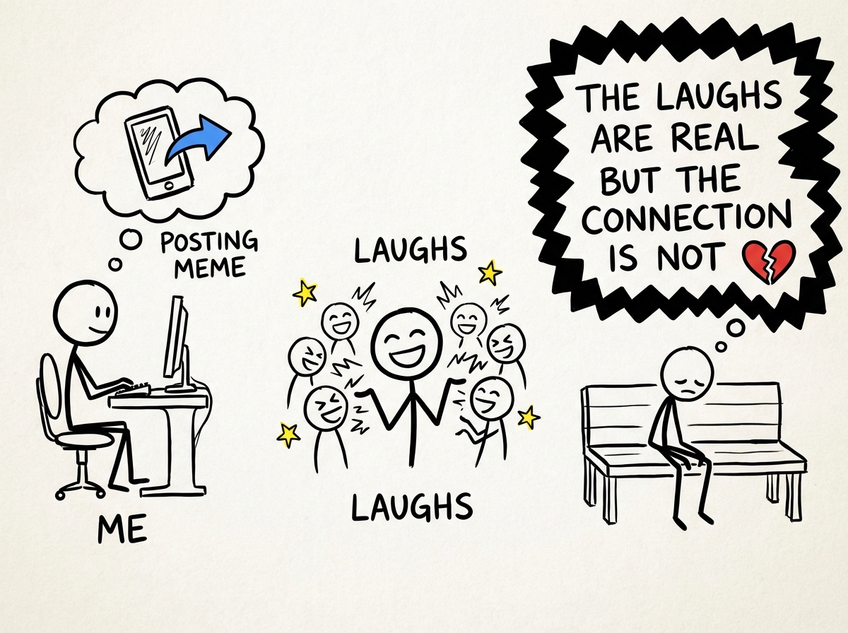 A stick figure noticing the pattern -- posting a meme, getting laughs, still feeling empty -- a thought bubble reading 'The laughs are real but the connection is not'