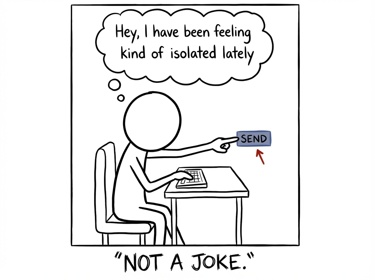 The stick figure typing a message that is not a joke -- 'Hey, I have been feeling kind of isolated lately' -- finger on the send button