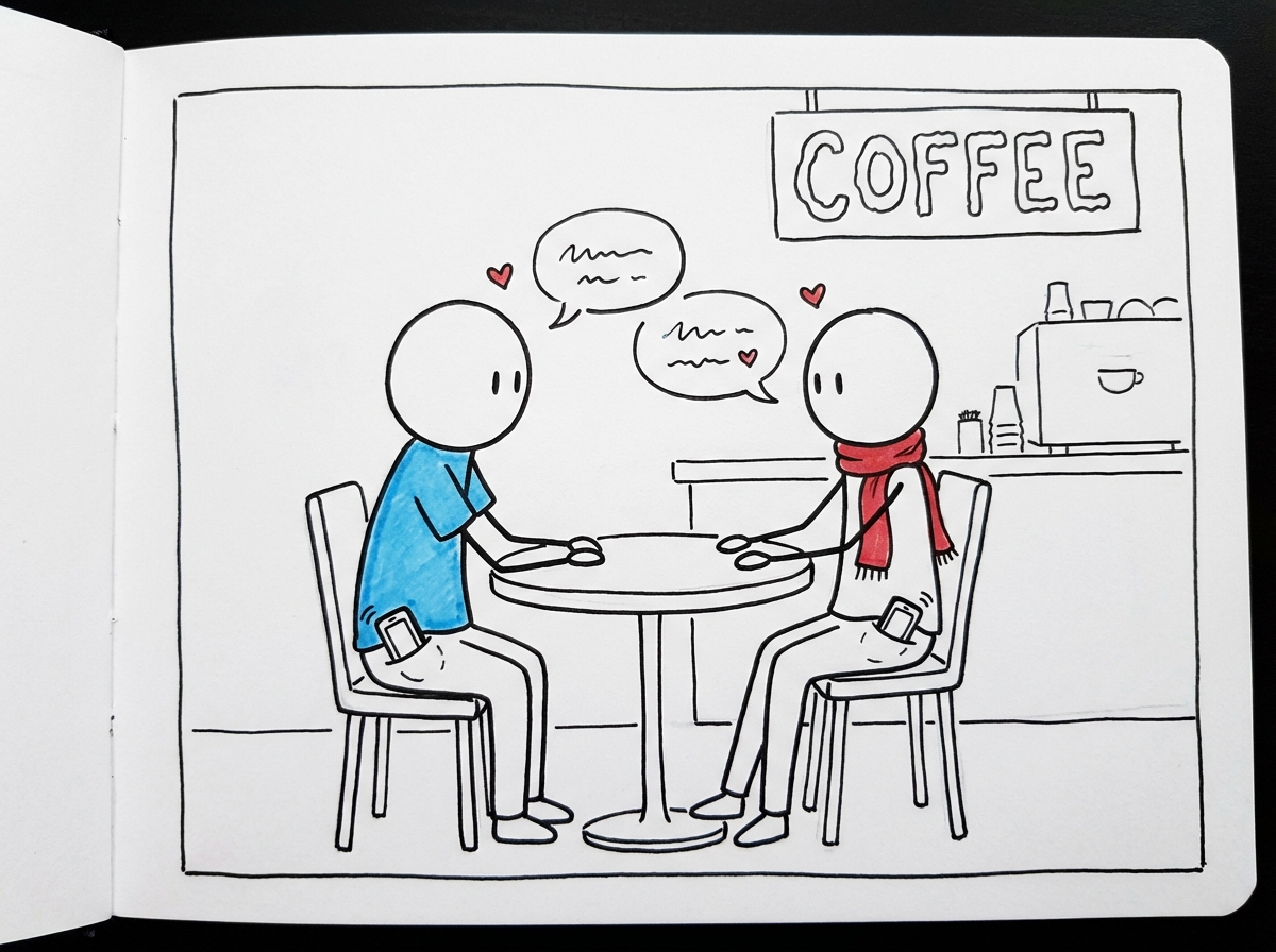 Two stick figures meeting up in person -- at a coffee shop, sitting across from each other, phones in their pockets, actually talking