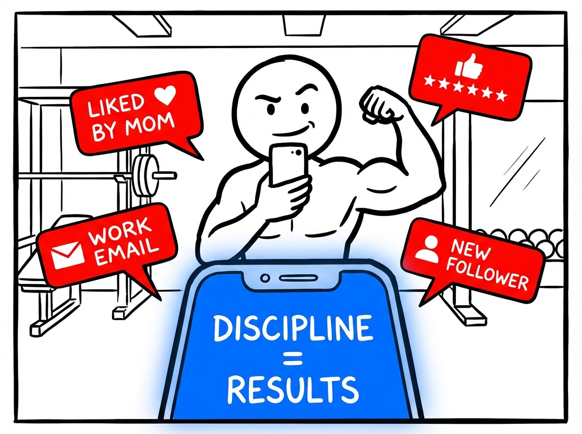 A man stick figure taking a gym selfie with a flexed arm, phone screen showing a motivational caption about discipline, like notifications popping up around him