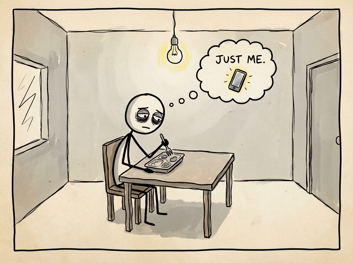 Behind the phone: the same man sitting alone at a bare kitchen table eating a microwave meal, dark circles under his eyes, apartment empty and sparse