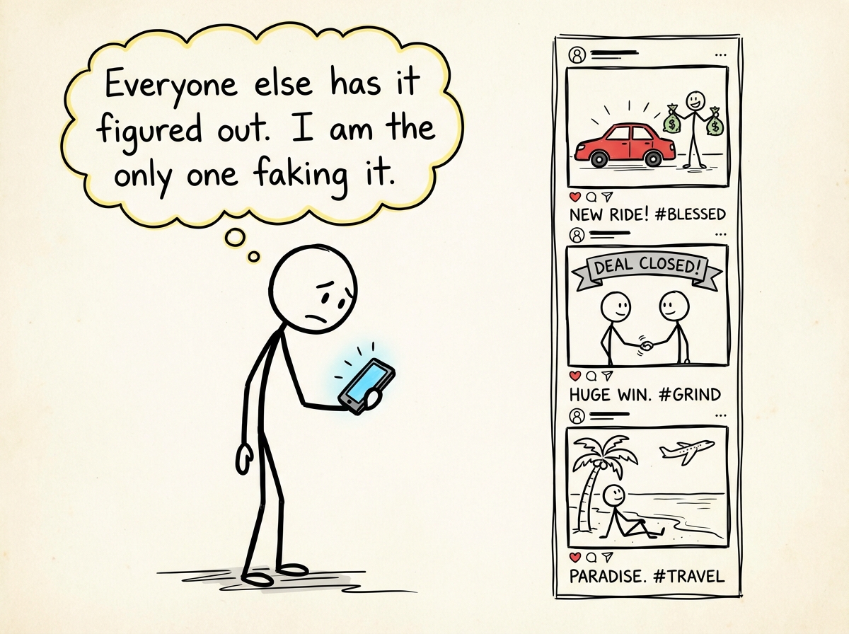 The man scrolling past other men's posts -- luxury cars, business wins, travel photos -- assuming they are real while a thought bubble reads 'Everyone else has it figured out. I am the only one faking it.'