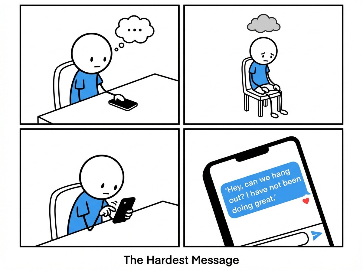 The man putting the phone down, sitting still for a moment, then typing a message to a friend that reads 'Hey, can we hang out? I have not been doing great' -- the hardest message he has ever sent