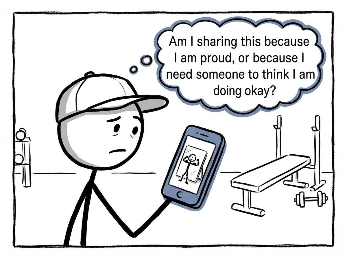 A stick figure about to post a gym selfie, pausing to ask 'Am I sharing this because I am proud, or because I need someone to think I am doing okay?'
