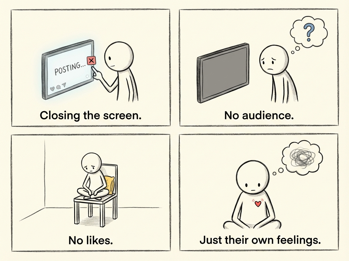 The stick figure closing the posting screen and sitting quietly with their own feelings instead, no audience, no likes