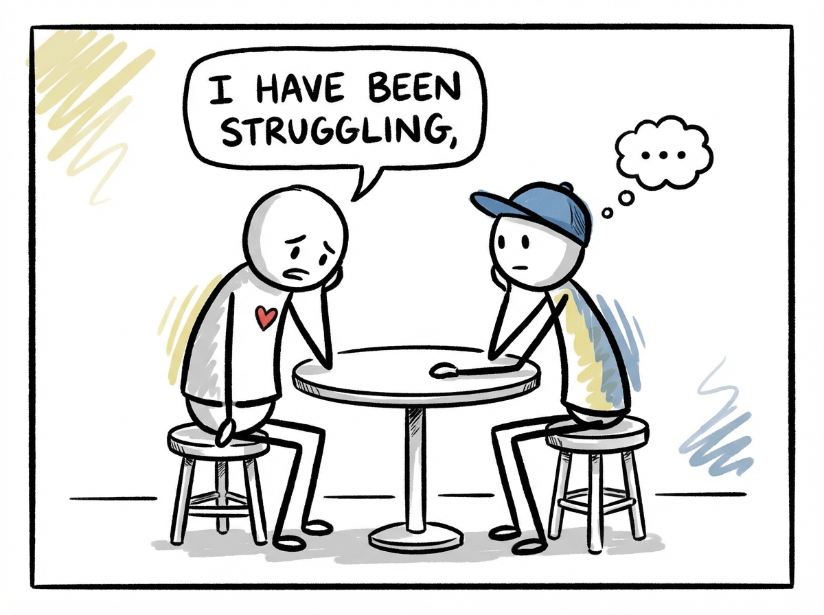 Two stick figures sitting across from each other at a table, one saying 'I have been struggling' and the other leaning in to listen