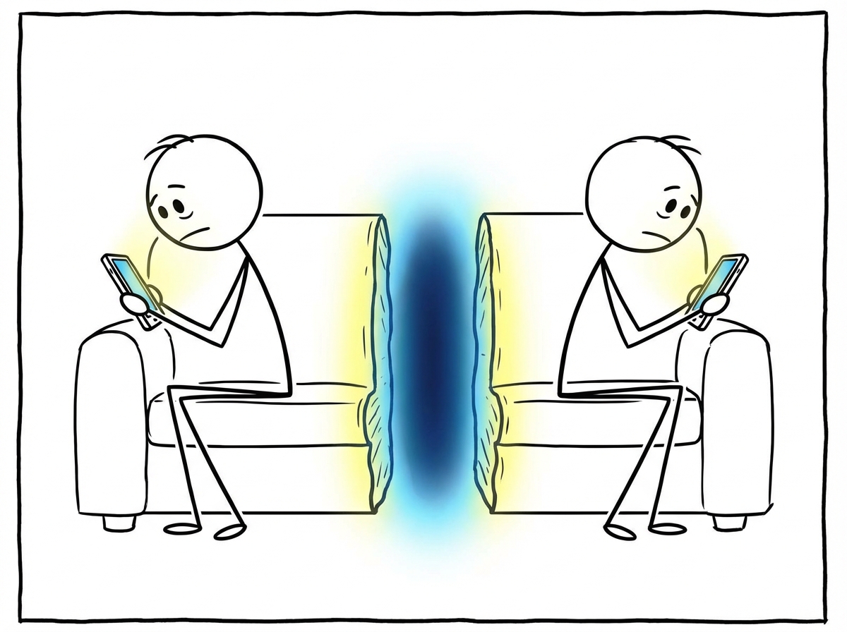 Two stick figures sitting on a couch together, each staring at their own phone, a visible gap of empty space glowing between them