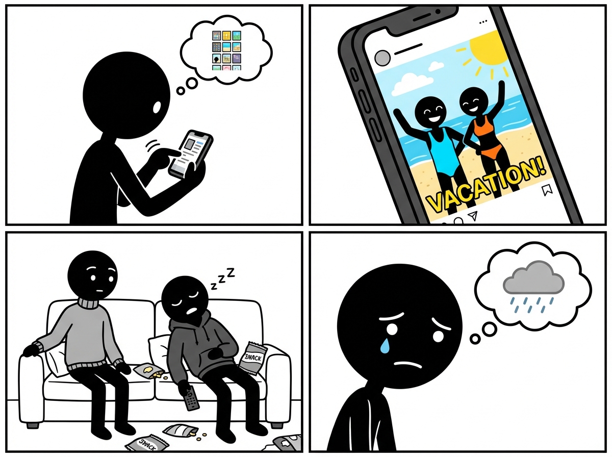 A stick figure scrolling through another couple's vacation photos, then looking at their own partner on the couch with a disappointed expression