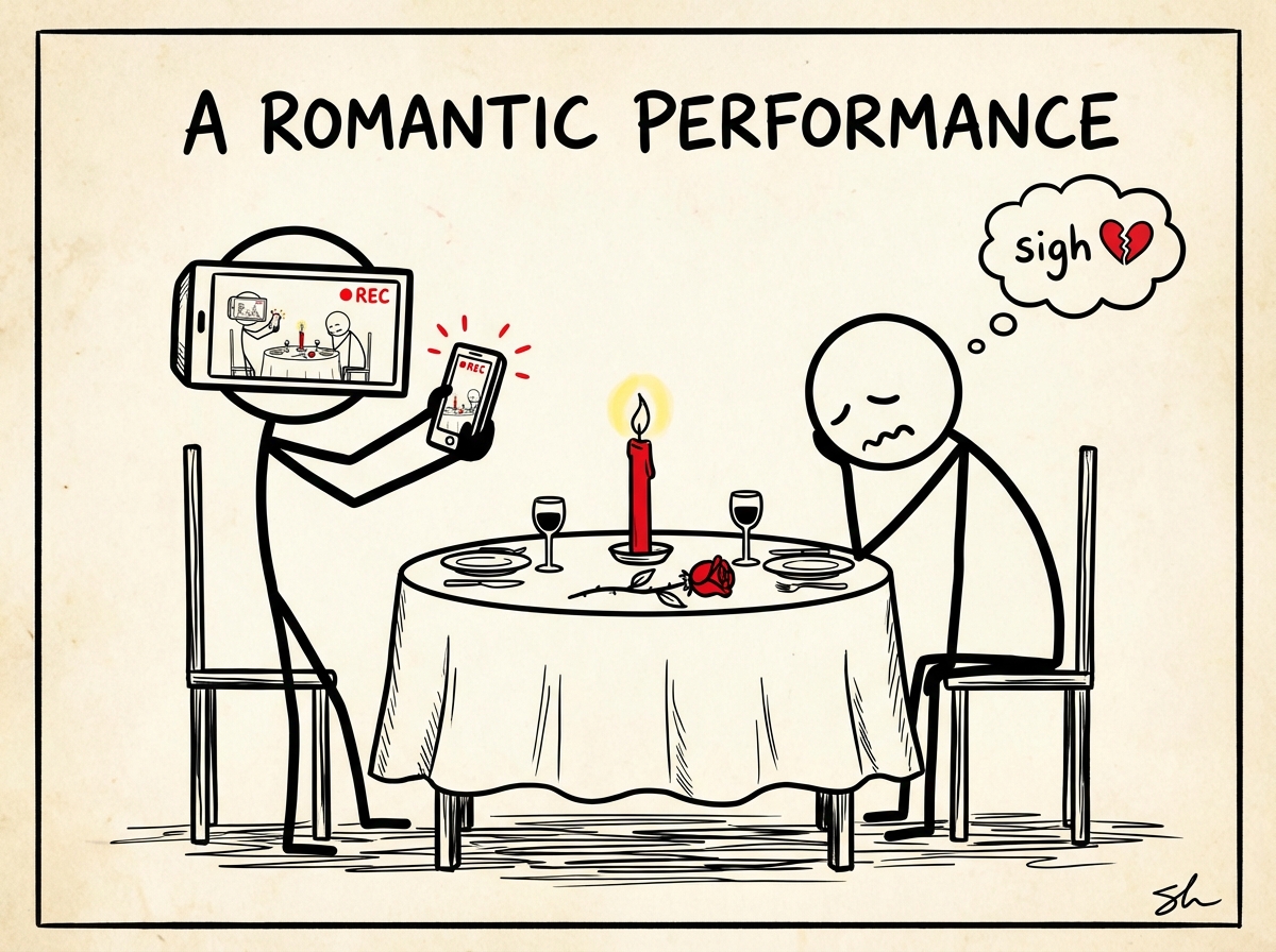 A stick figure holding up a phone to film a romantic dinner, the partner across the table looking deflated as the moment becomes a performance