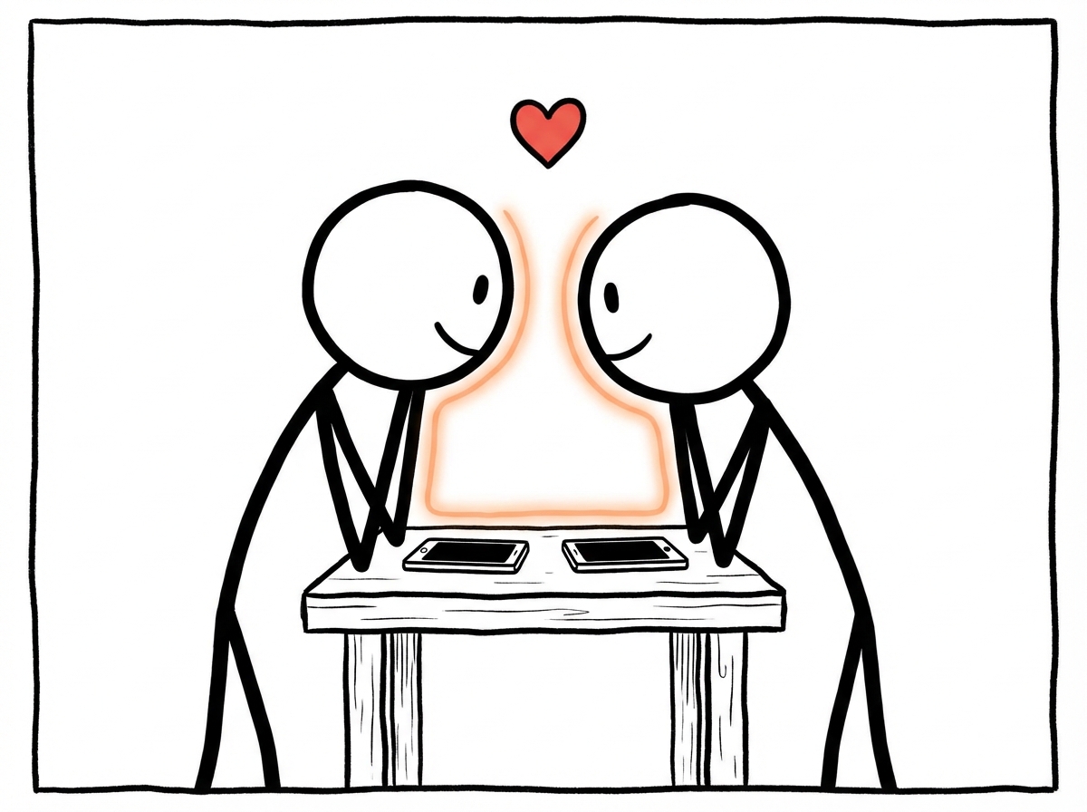Two stick figures placing their phones face-down on a table and looking at each other, the gap between them visibly smaller and warmer