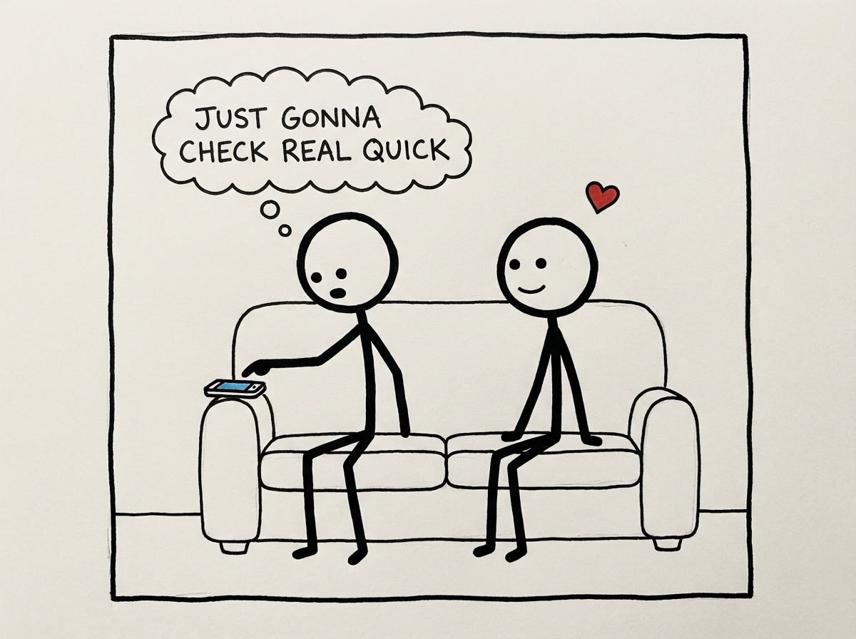 Two stick figures sitting together on a couch, one picking up their phone with a thought bubble reading 'Just gonna check real quick' while the other smiles at them