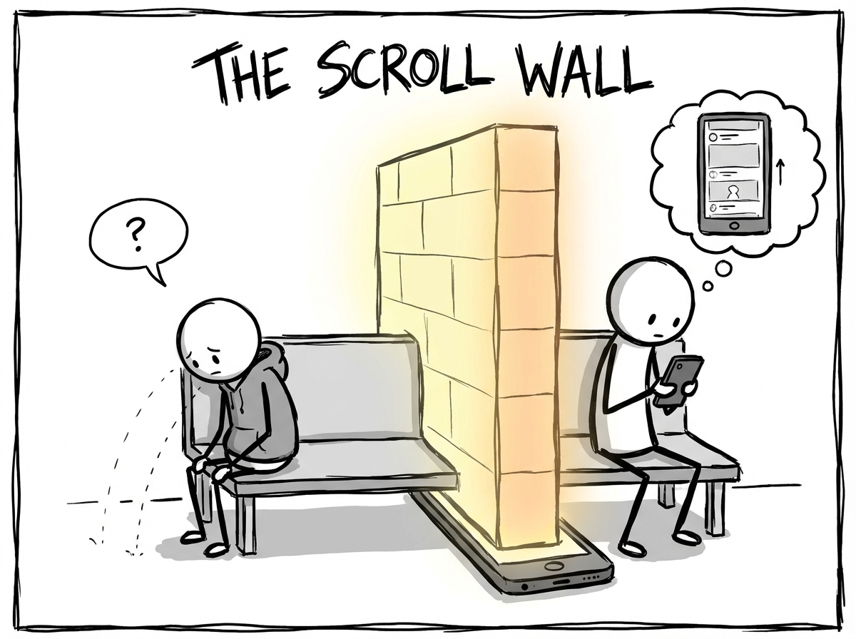 A literal glowing wall has grown from the phone screen between the two figures, the ignored partner sitting alone on their side looking small and invisible