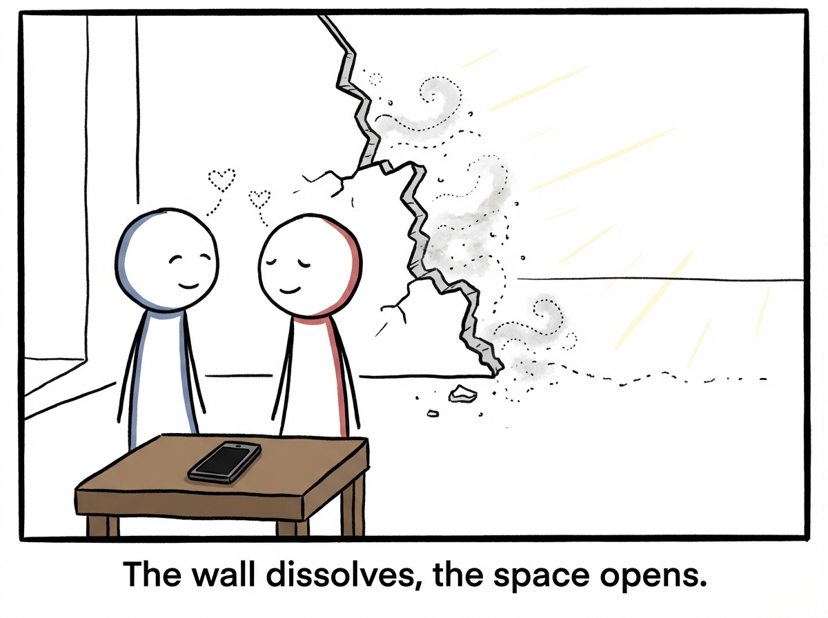 The phone is placed face-down on the table, the wall dissolves, and the two stick figures look at each other with soft smiles, the space between them open again