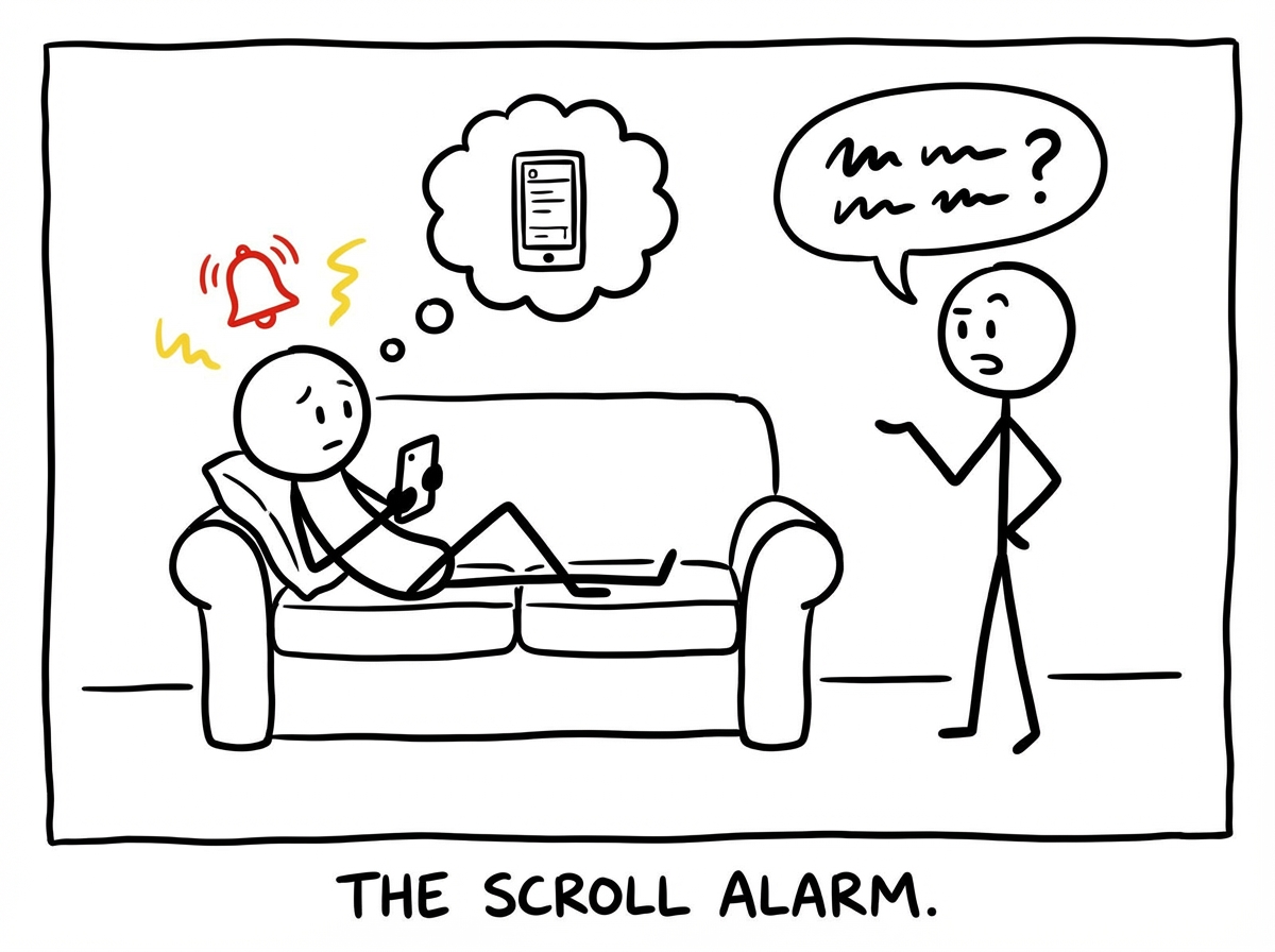A stick figure noticing they have been scrolling while their partner talks, a small alarm bell appearing above their head