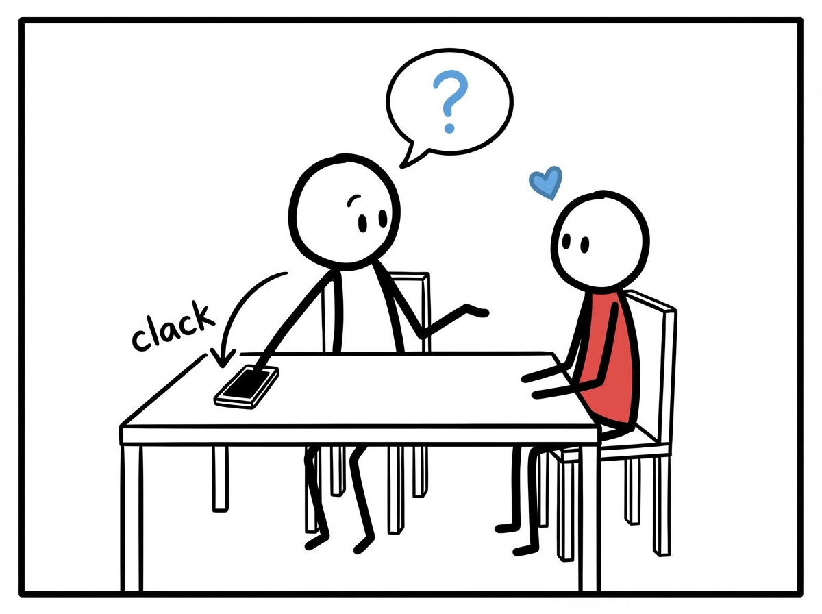 The stick figure placing their phone face-down on the table and turning their body toward their partner with open posture