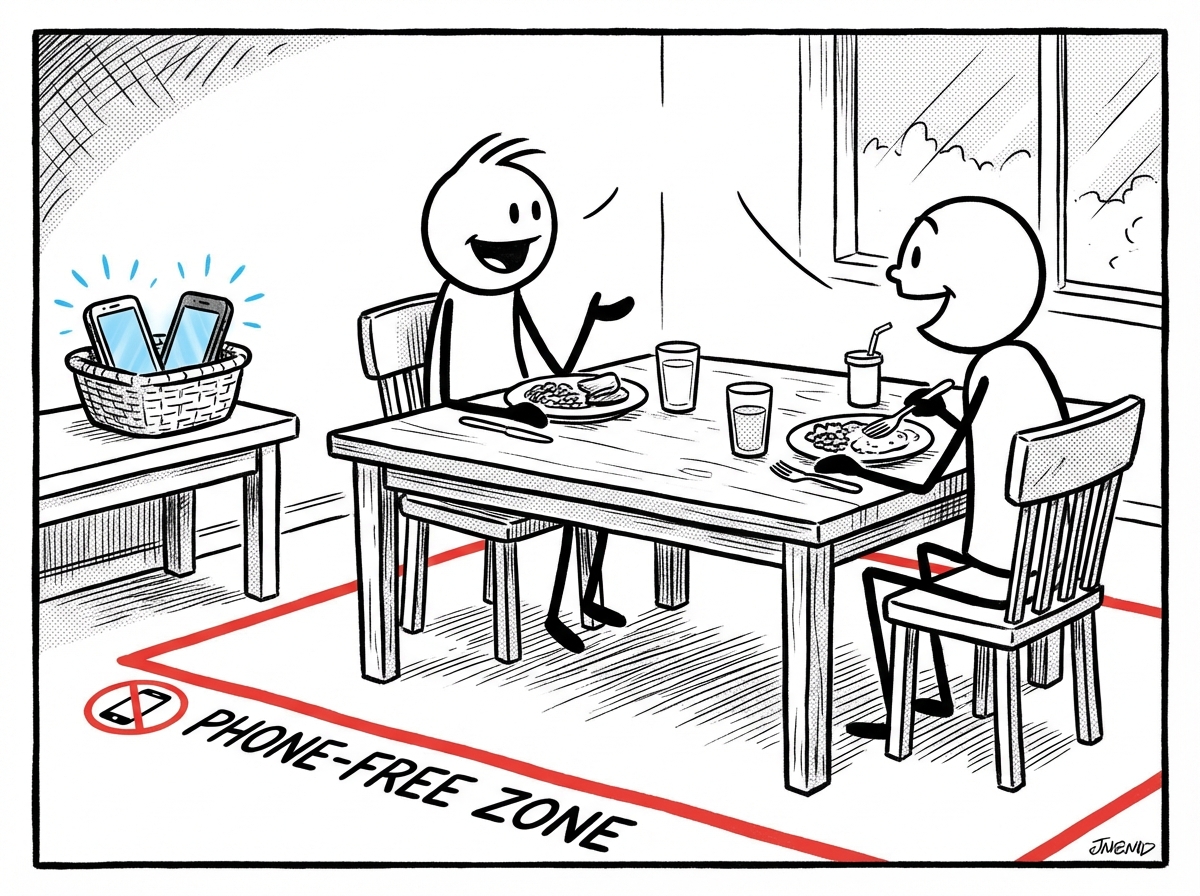 Two stick figures sitting together with a designated phone-free zone marked around the dinner table, both devices in a basket nearby