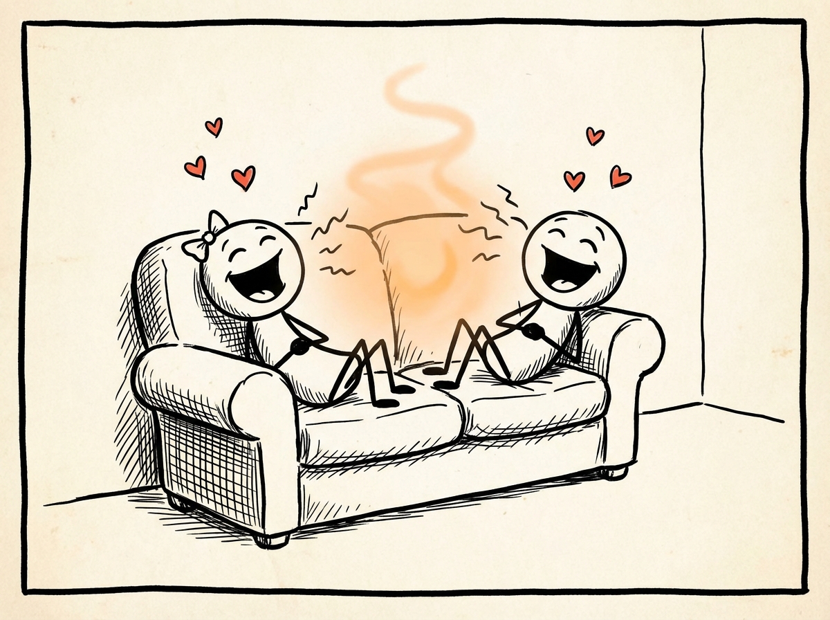 The couple on the couch laughing together, phones nowhere in sight, warmth radiating between them