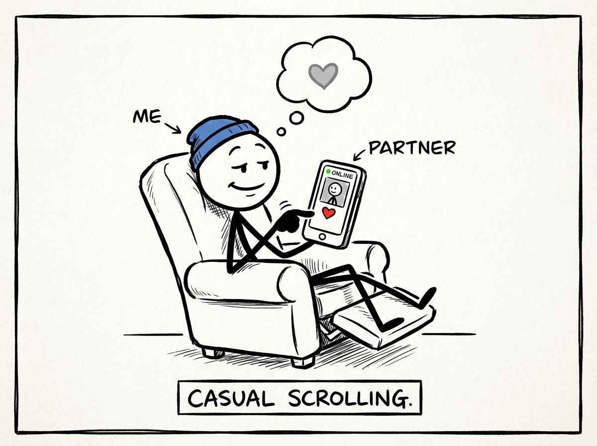 A stick figure casually scrolling their phone, tapping on their partner's social media profile with a relaxed expression