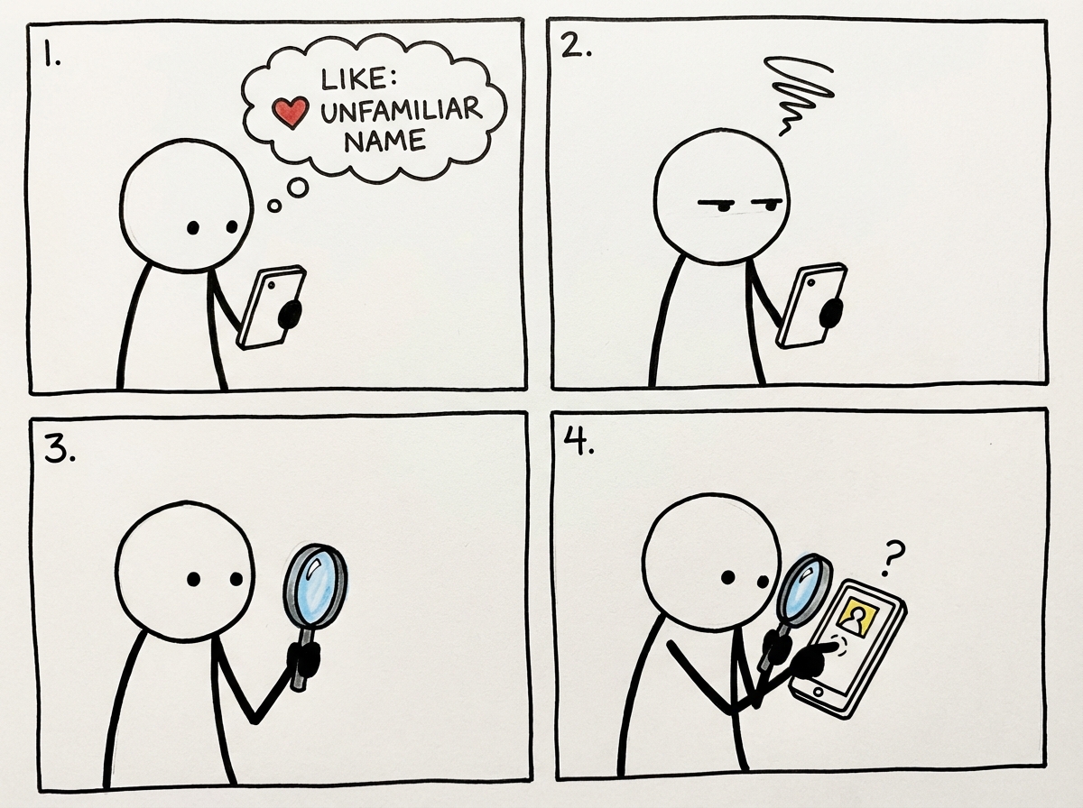 The stick figure's eyes narrowing as they notice a like from an unfamiliar name, a magnifying glass appearing in their hand as they tap on the stranger's profile