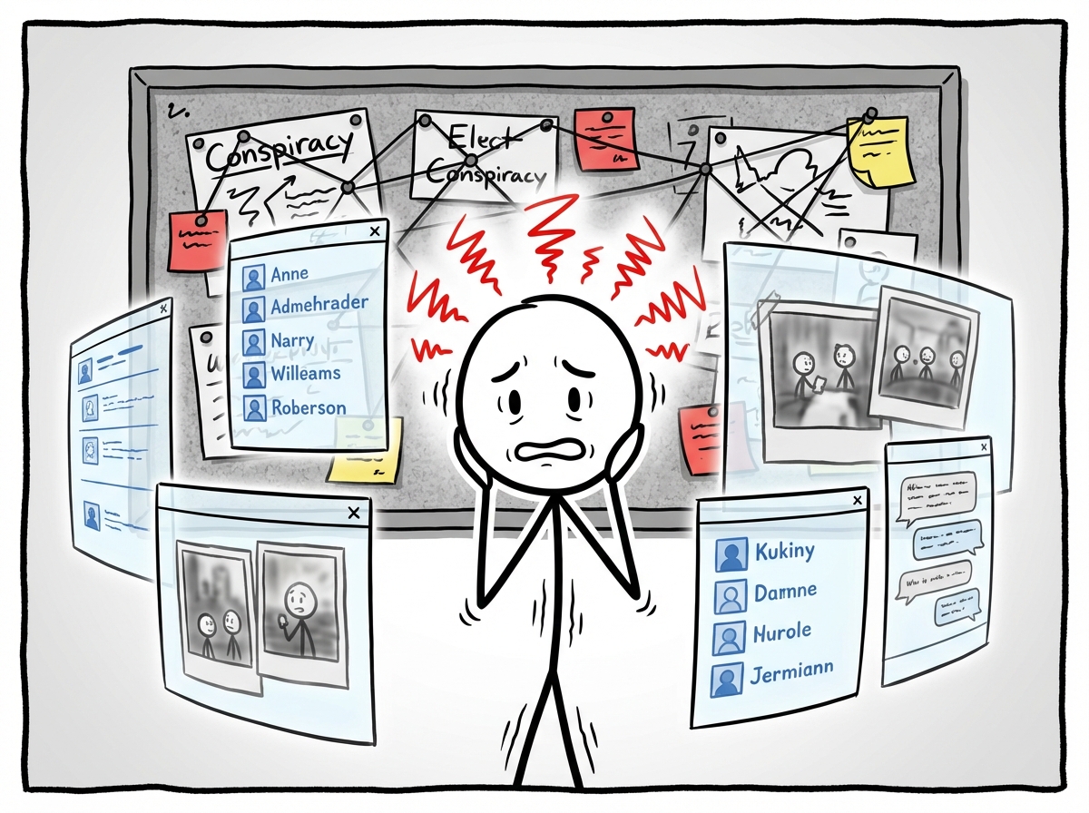 The stick figure surrounded by floating screens showing follower lists, old tagged photos, comment threads, and mutual friends -- anxiety lines radiating from their head, a conspiracy board forming behind them