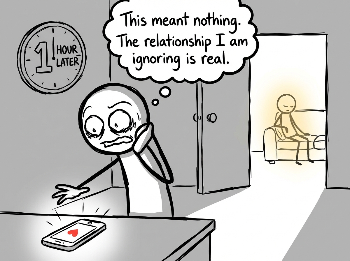 The stick figure pulling back from the phone with a stunned look, realizing they have spent an hour investigating while their actual partner sits in the next room, a thought bubble reading 'This meant nothing. The relationship I am ignoring is real.'
