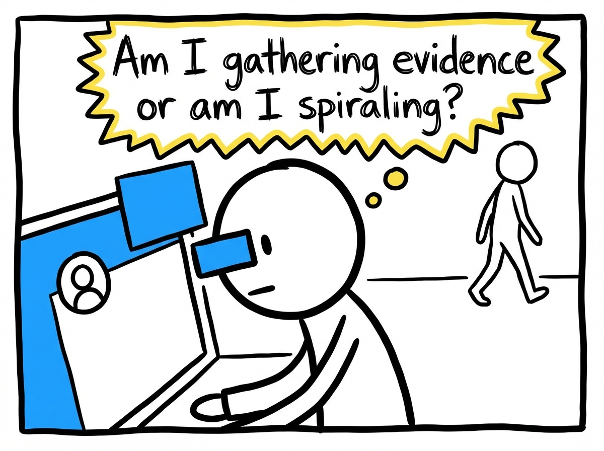 A stick figure about to tap on a stranger's profile, pausing with a thought bubble asking 'Am I gathering evidence or am I spiraling?'