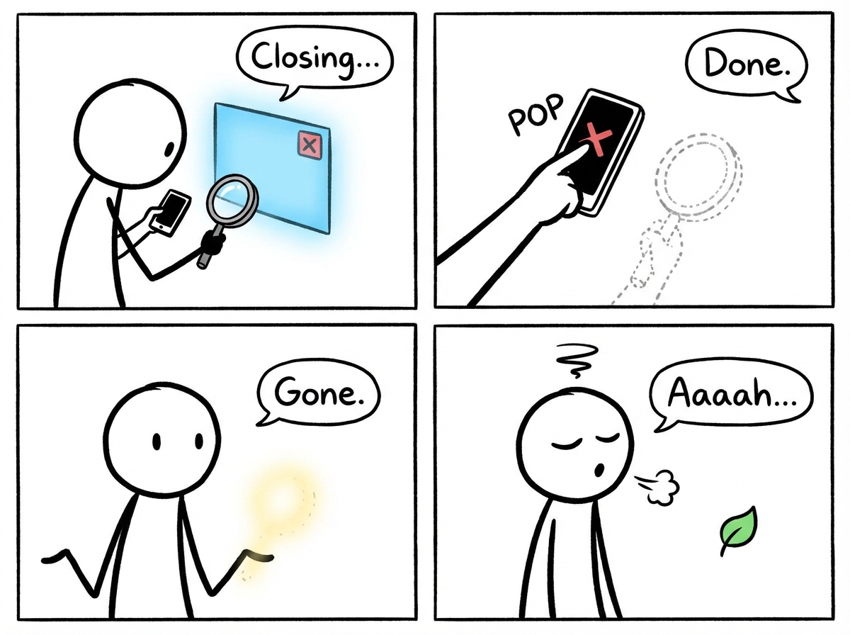 The stick figure closing the app and taking a breath, the magnifying glass disappearing from their hand
