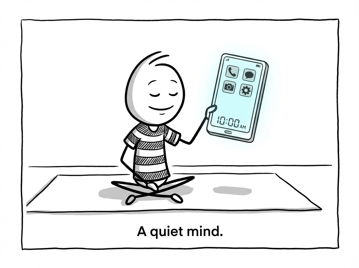 The stick figure's phone showing a simple home screen with no social media open, the figure looking calm and grounded
