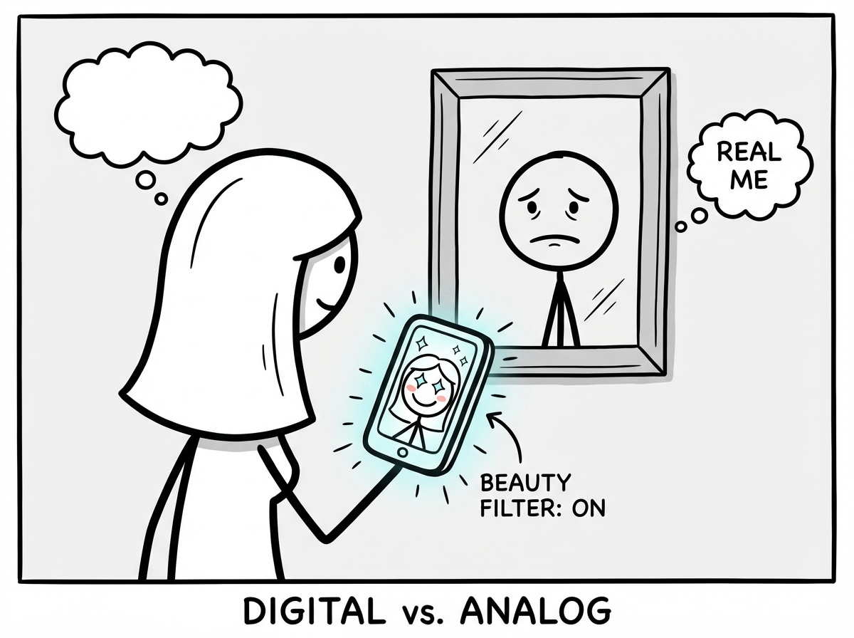 A stick figure woman looking at her phone, her face on screen with a beauty filter applied -- smoother, slimmer, glowing -- while her real face in the mirror behind her looks deflated by comparison