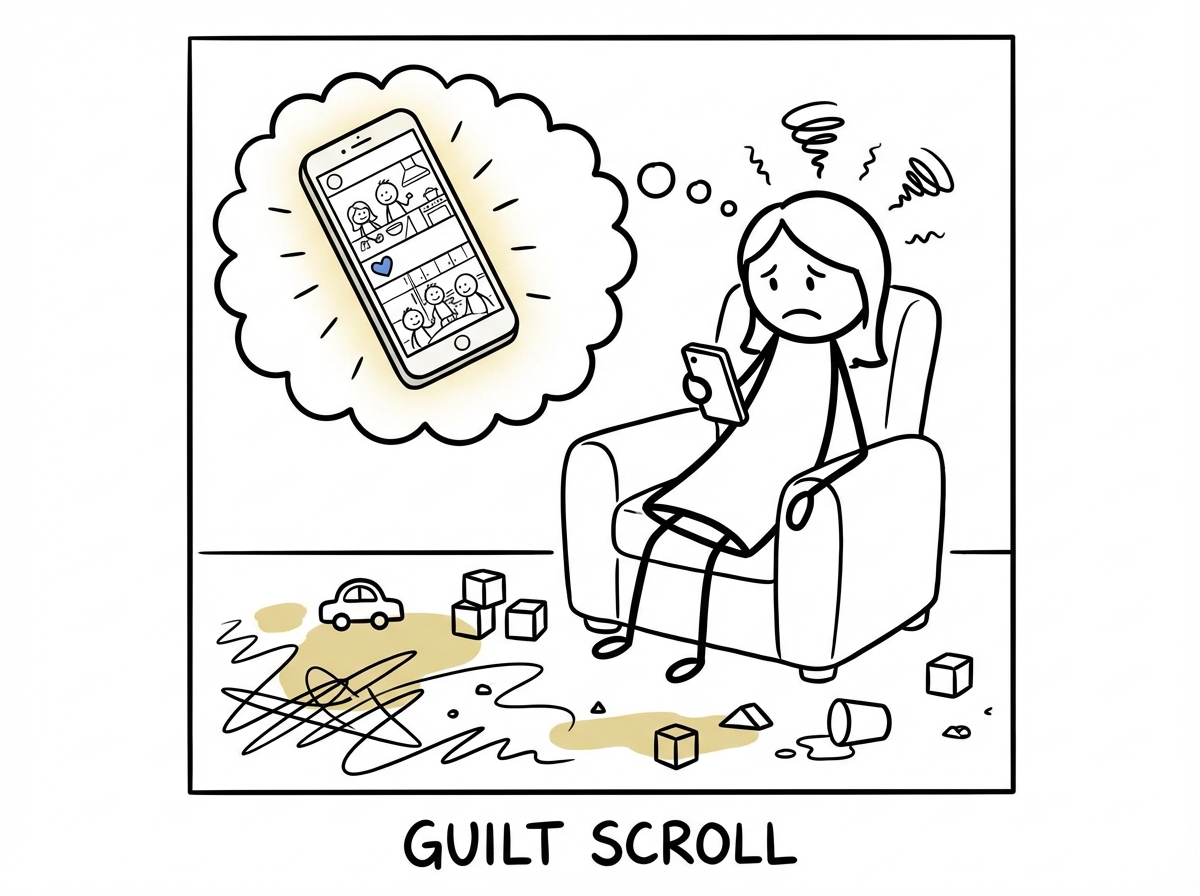 A stick figure woman scrolling through a feed of perfect mothers with perfect kitchens and perfect children, looking down at her own messy living room with guilt