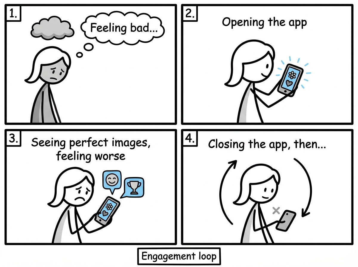 A stick figure woman caught in a loop: feeling bad, opening the app, seeing perfect images, feeling worse, closing the app, then opening it again. A small label reads 'Engagement loop'