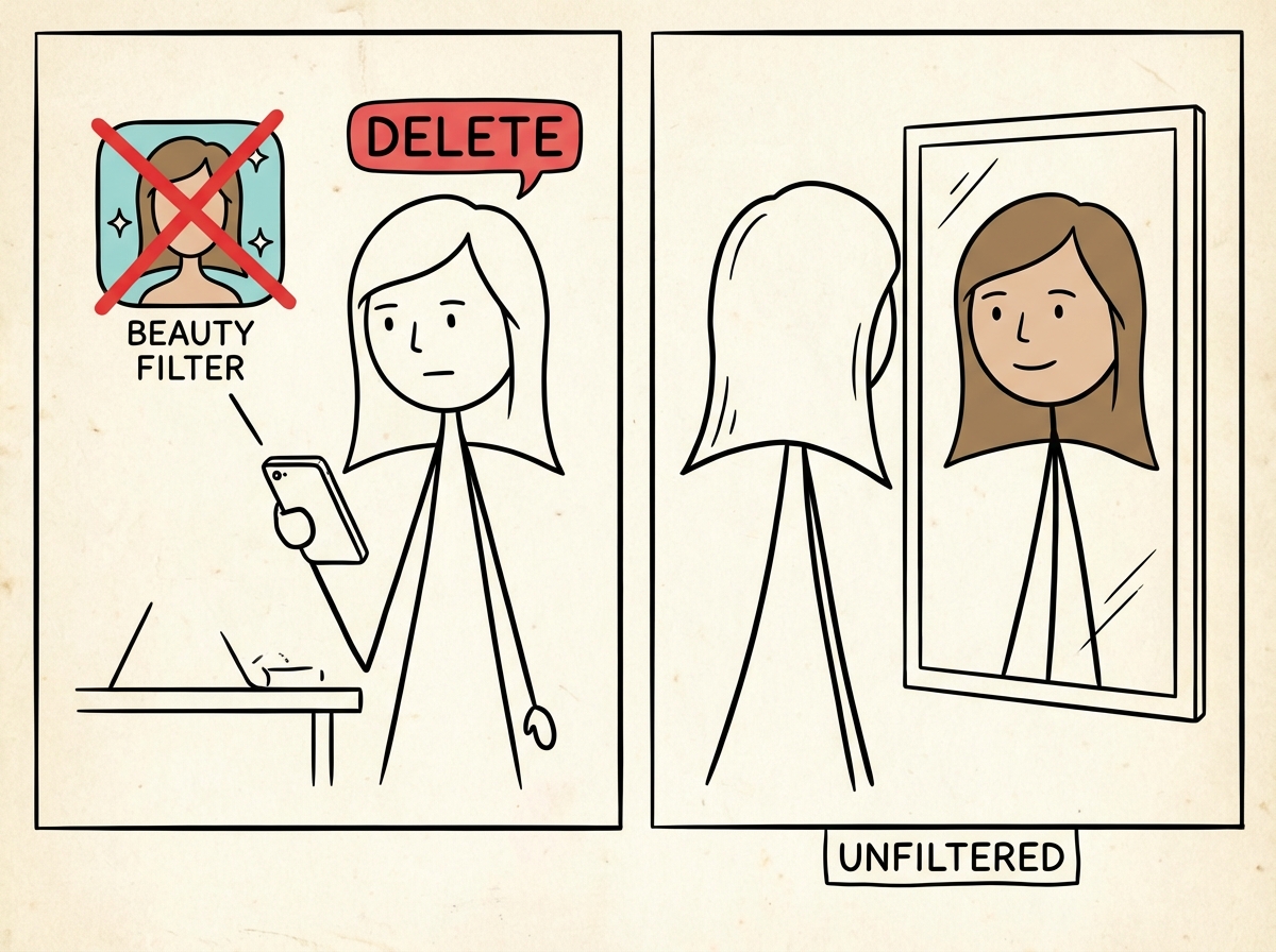 A stick figure woman deleting a beauty filter app from her phone, then looking at her unfiltered reflection with a calm, neutral expression